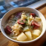 A close-up of a white bowl filled with rich sauerkraut soup, featuring chunks of sausage, potatoes, and fresh dill.