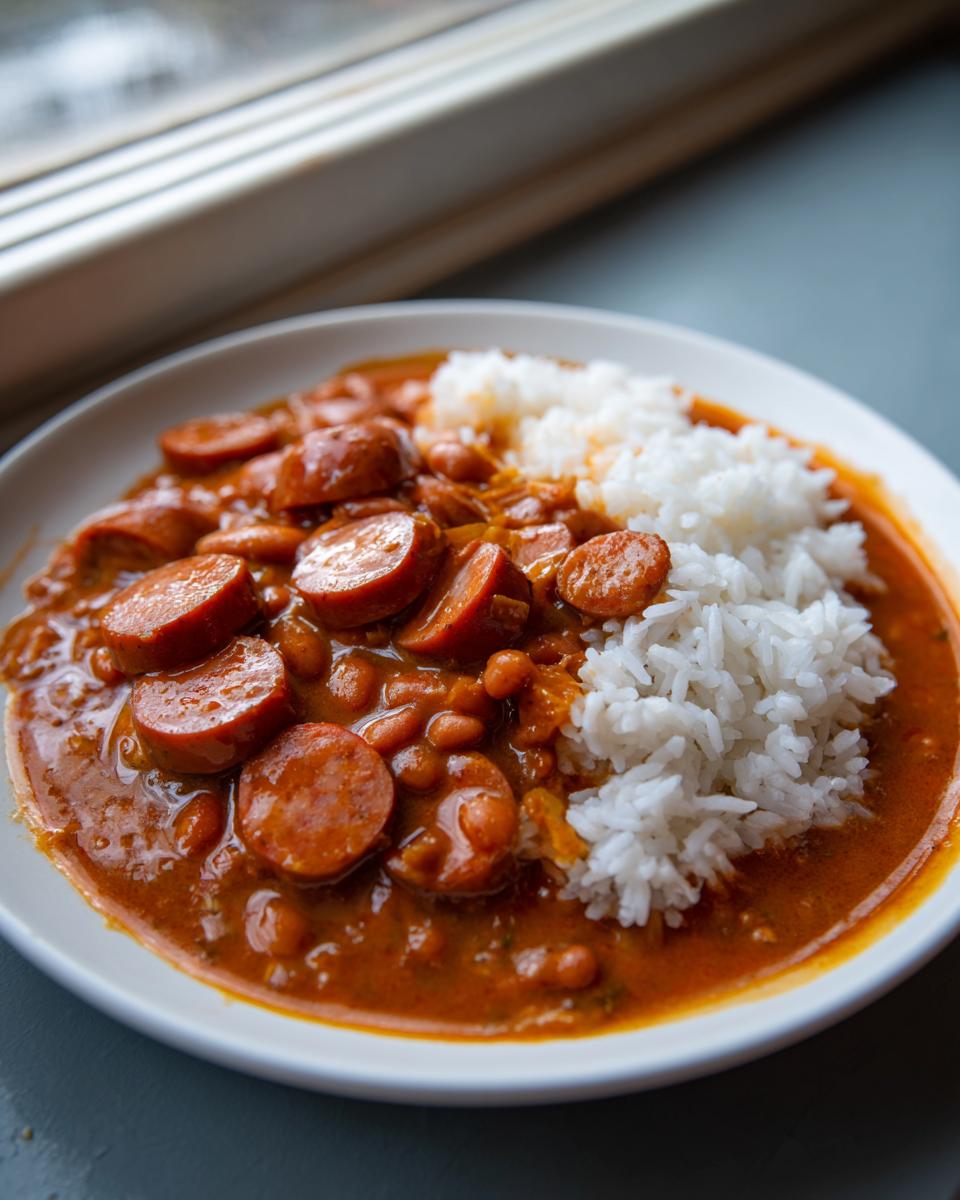 A close-up of savory beans and rice served with thick slices of smoked sausage in a rich sauce.
