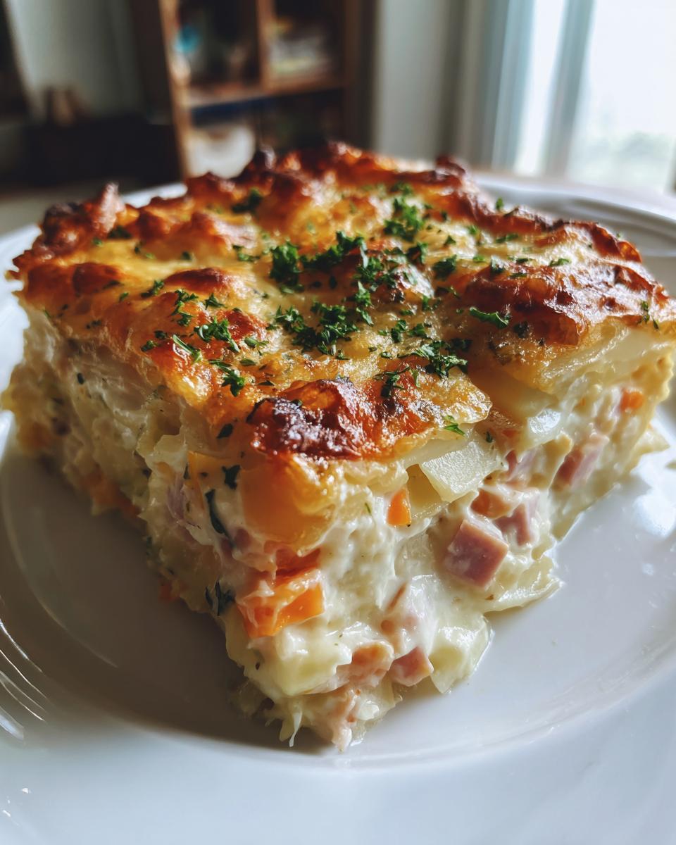 A thick, layered slice of scalloped potatoes and ham with a golden, cheesy crust, served on a white plate.