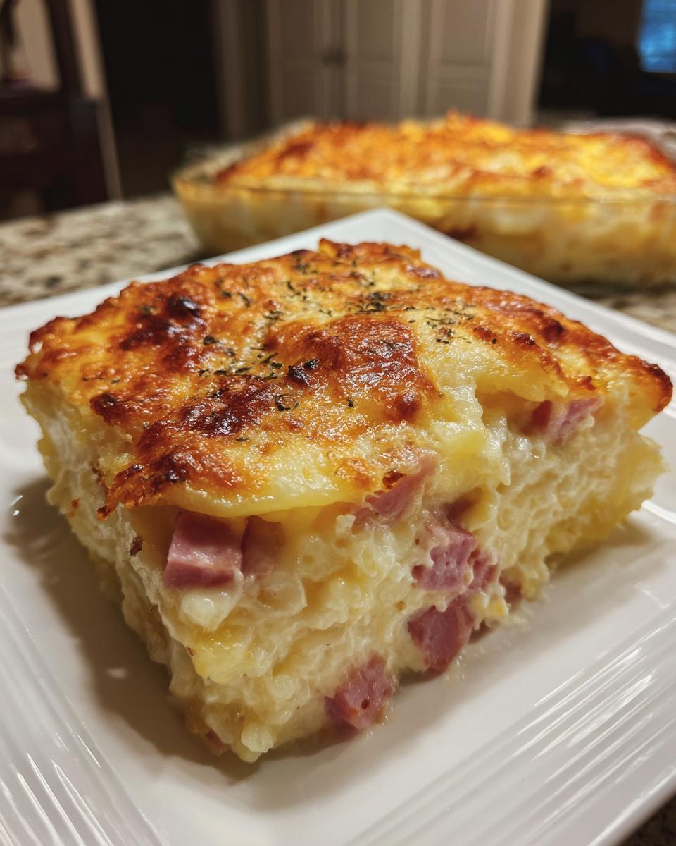 A thick, cheesy slice of 8-layer scalloped potatoes and ham on a white plate.