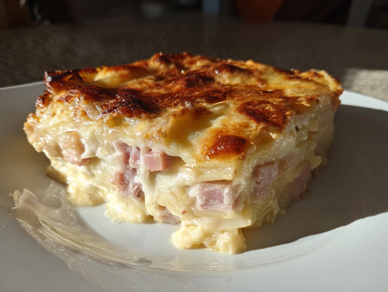 A thick, cheesy slice of 8-layer scalloped potatoes and ham with a golden-brown, bubbly top.