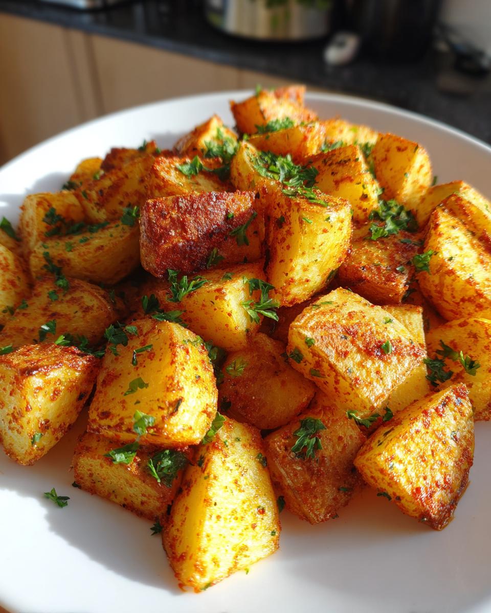 A close-up of golden brown, cubed breakfast potatoes seasoned with spices and topped with fresh parsley.