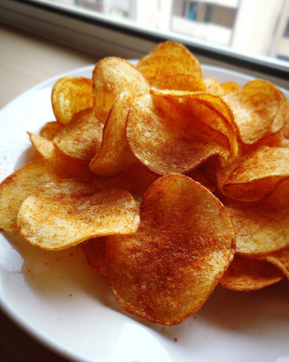 A close-up of freshly made, seasoned potato chips piled high on a white plate, showing their golden color and seasoning.