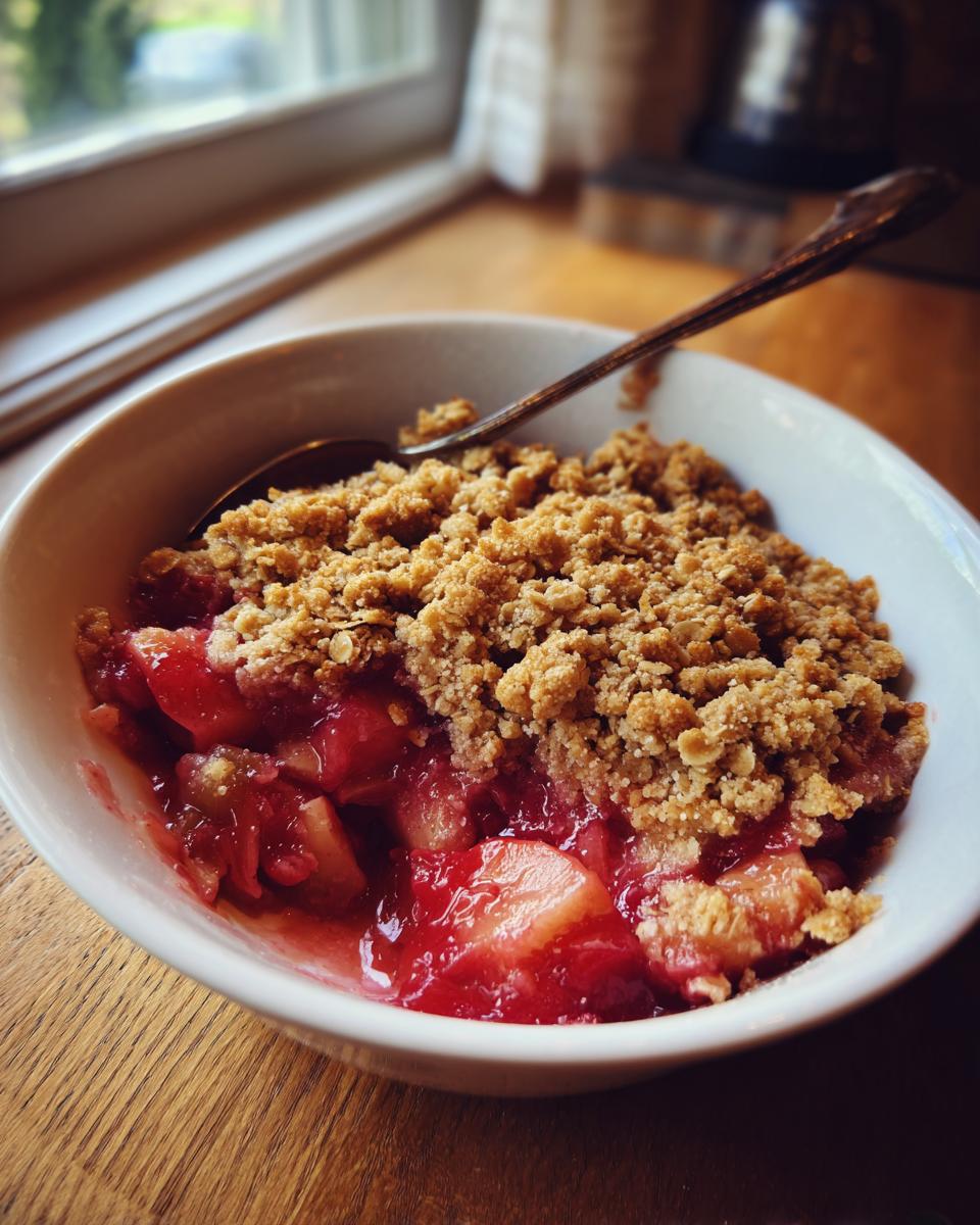 A close-up of a warm serving of rhubarb crisp in a white bowl, showing juicy red fruit and a golden oat crumble topping.