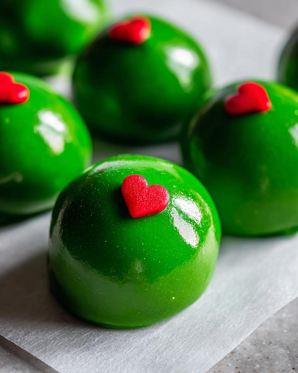 Close-up of shiny, bright green Grinch Oreo Balls topped with a small red heart candy.