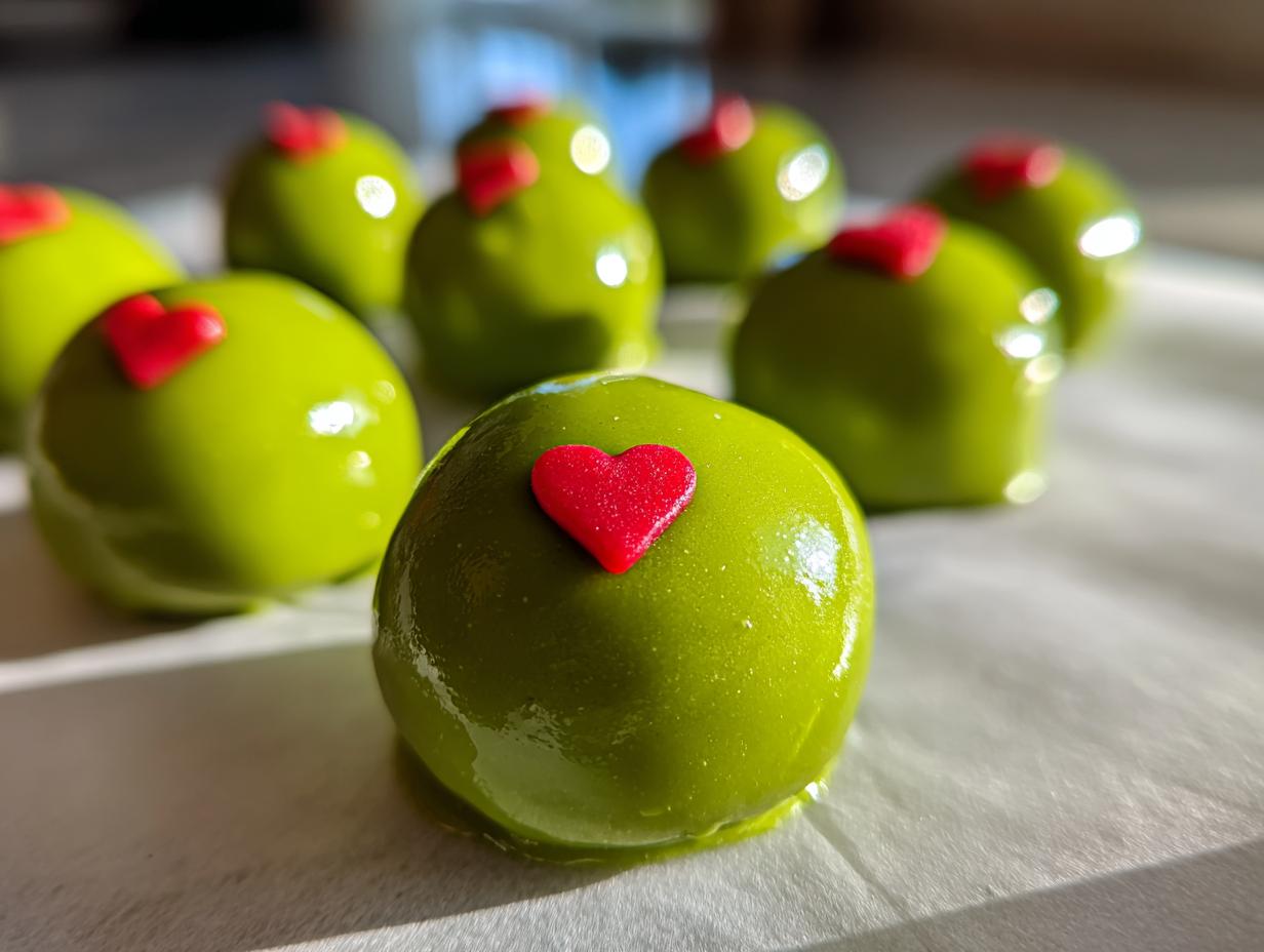 Close-up of several shiny, bright green Grinch Oreo Balls topped with small red hearts.