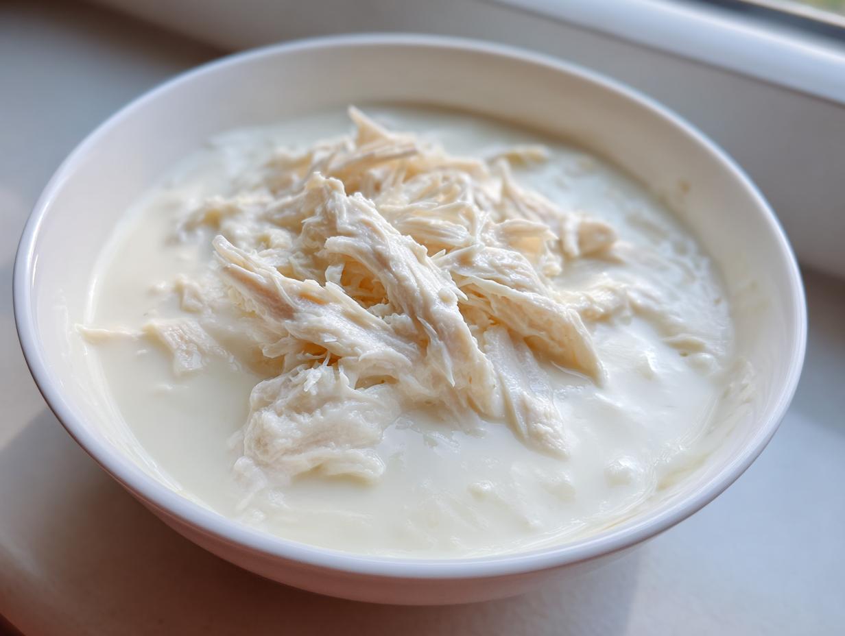 Shredded chicken mixed into a creamy white base, representing ingredients for a cream of chicken soup swap.