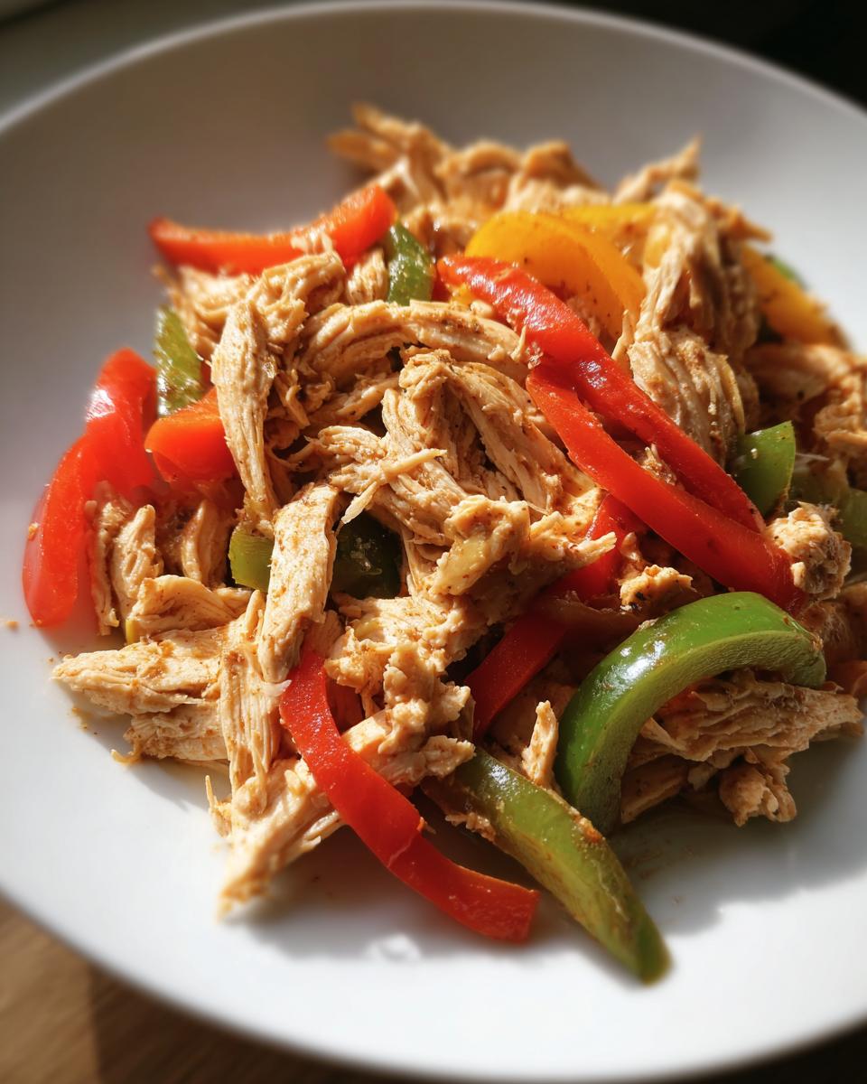 Close-up of shredded chicken mixed with sliced red, yellow, and green bell peppers for crockpot chicken fajitas.