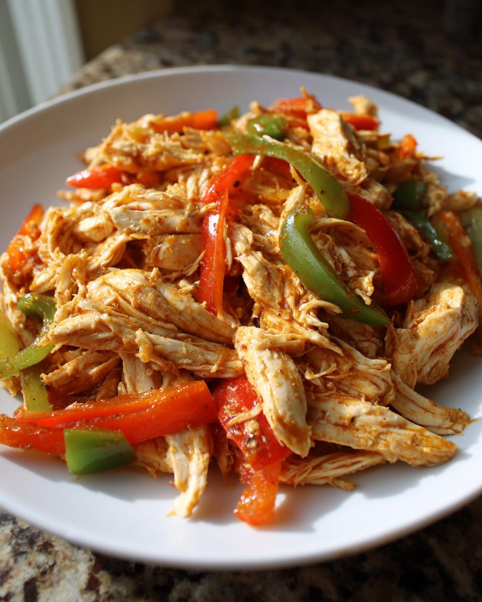 Shredded seasoned chicken mixed with sliced red and green bell peppers for crockpot chicken fajitas.