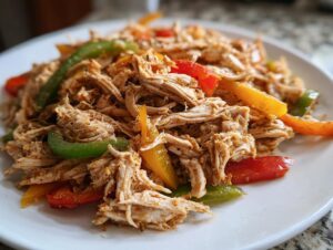 Close-up of shredded chicken mixed with colorful bell pepper strips, ready for crockpot chicken fajitas.
