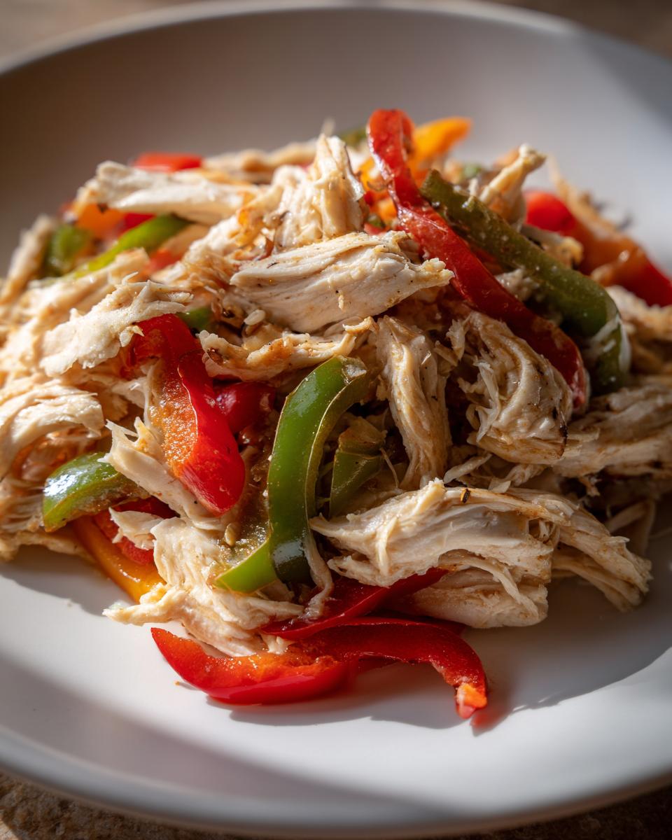 Close-up of shredded chicken mixed with vibrant red and green bell pepper strips, ready for crockpot chicken fajitas.