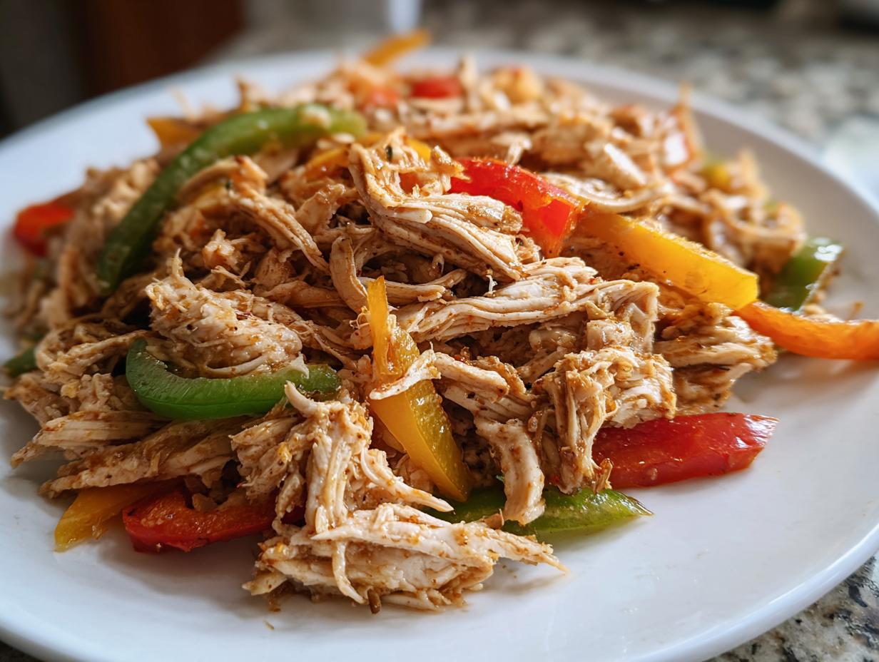 Close-up of shredded chicken mixed with colorful bell pepper strips, ready for crockpot chicken fajitas.