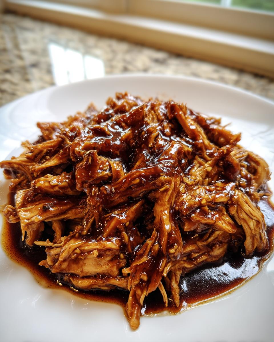Close-up of shredded crockpot teriyaki chicken coated in a thick, glossy brown sauce, served on a white plate.