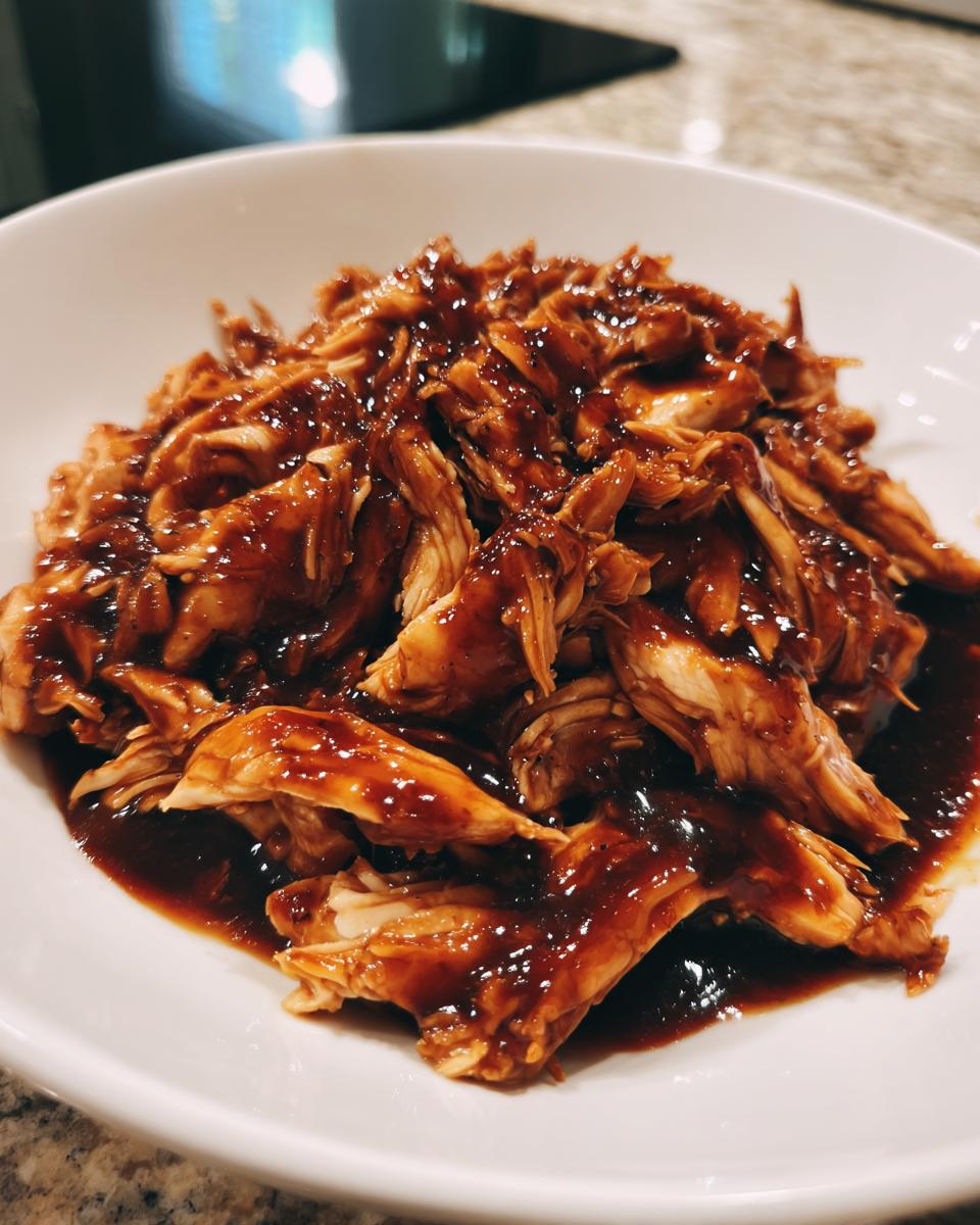 Close-up of shredded crockpot teriyaki chicken coated in a thick, glossy teriyaki sauce served in a white bowl.