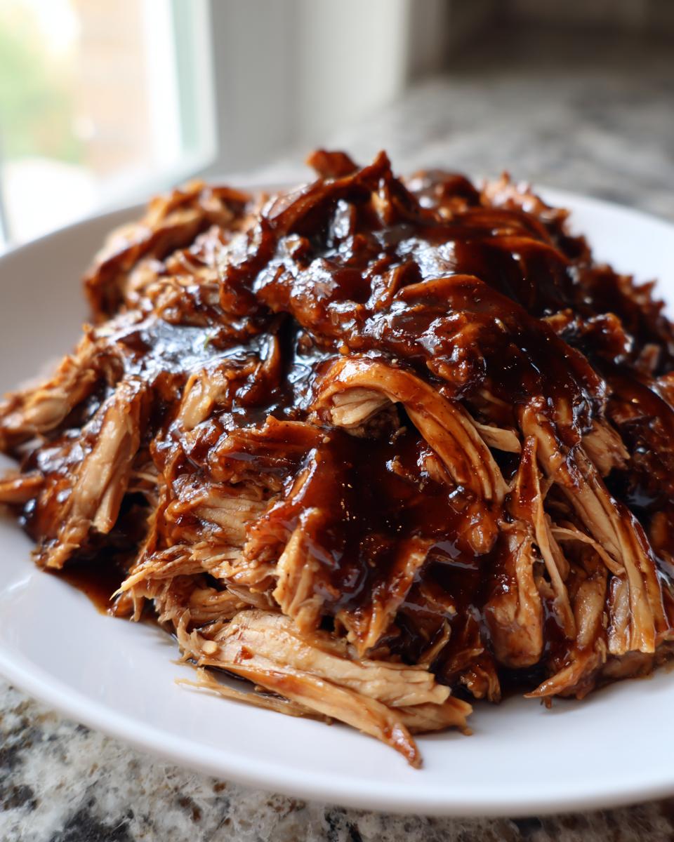 Close-up of shredded crockpot teriyaki chicken heavily coated in a thick, glossy teriyaki sauce on a white plate.