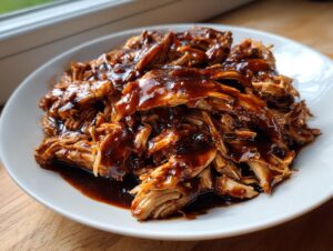 Close-up of shredded chicken coated in thick, dark teriyaki sauce, ready to serve, made with crockpot teriyaki chicken.