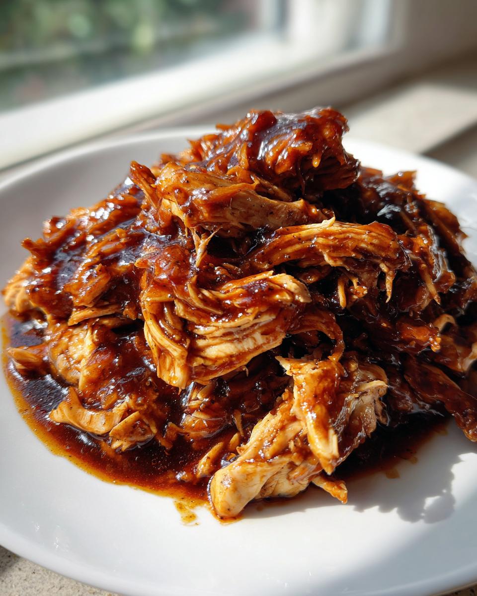 Close-up of shredded crockpot teriyaki chicken drenched in thick, glossy teriyaki sauce, served on a white plate.