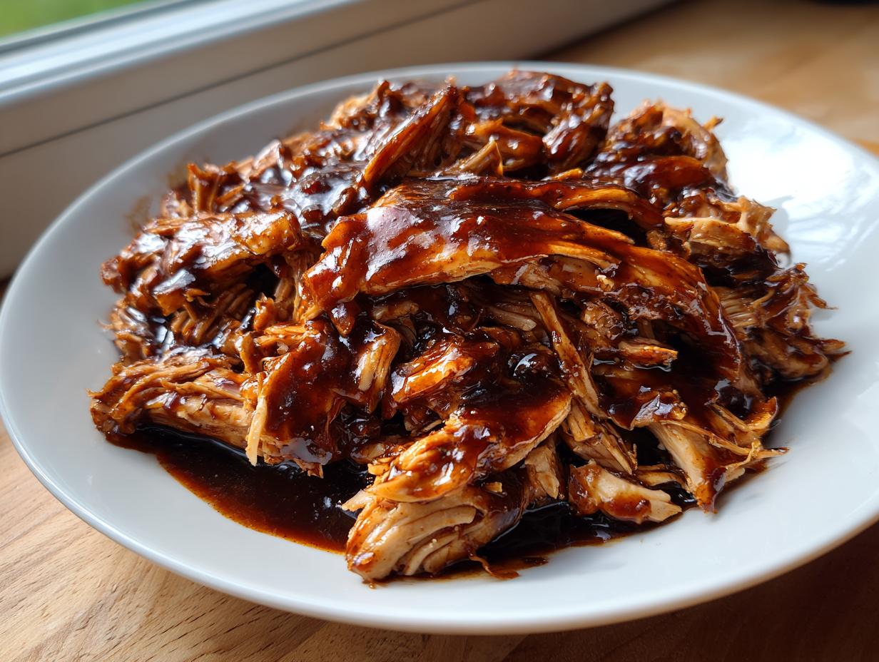 Close-up of shredded chicken coated in thick, dark teriyaki sauce, ready to serve, made with crockpot teriyaki chicken.