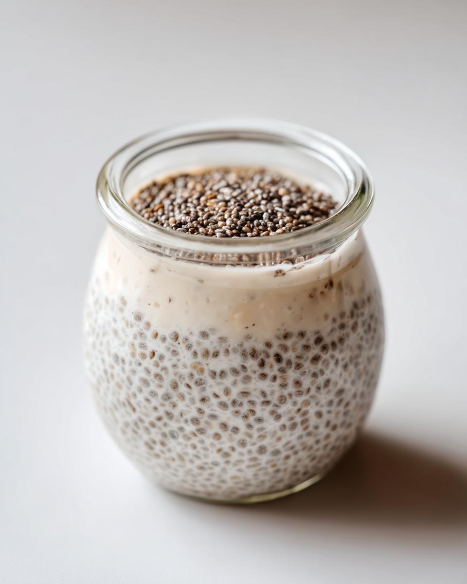 Close-up of creamy chia seed pudding in a small glass jar, topped with dry chia seeds.