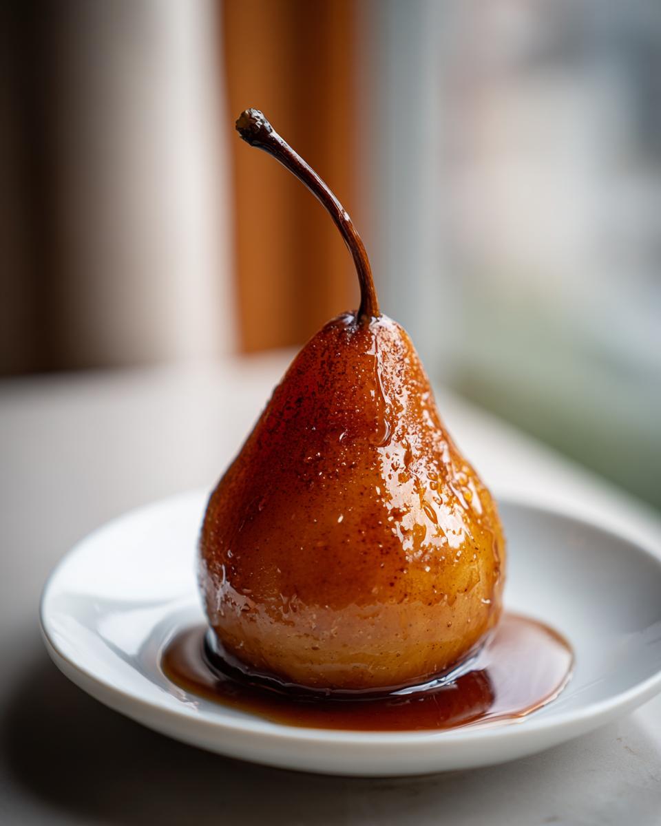 A single, deeply caramelized poached pear, glistening with syrup and served on a small white plate.