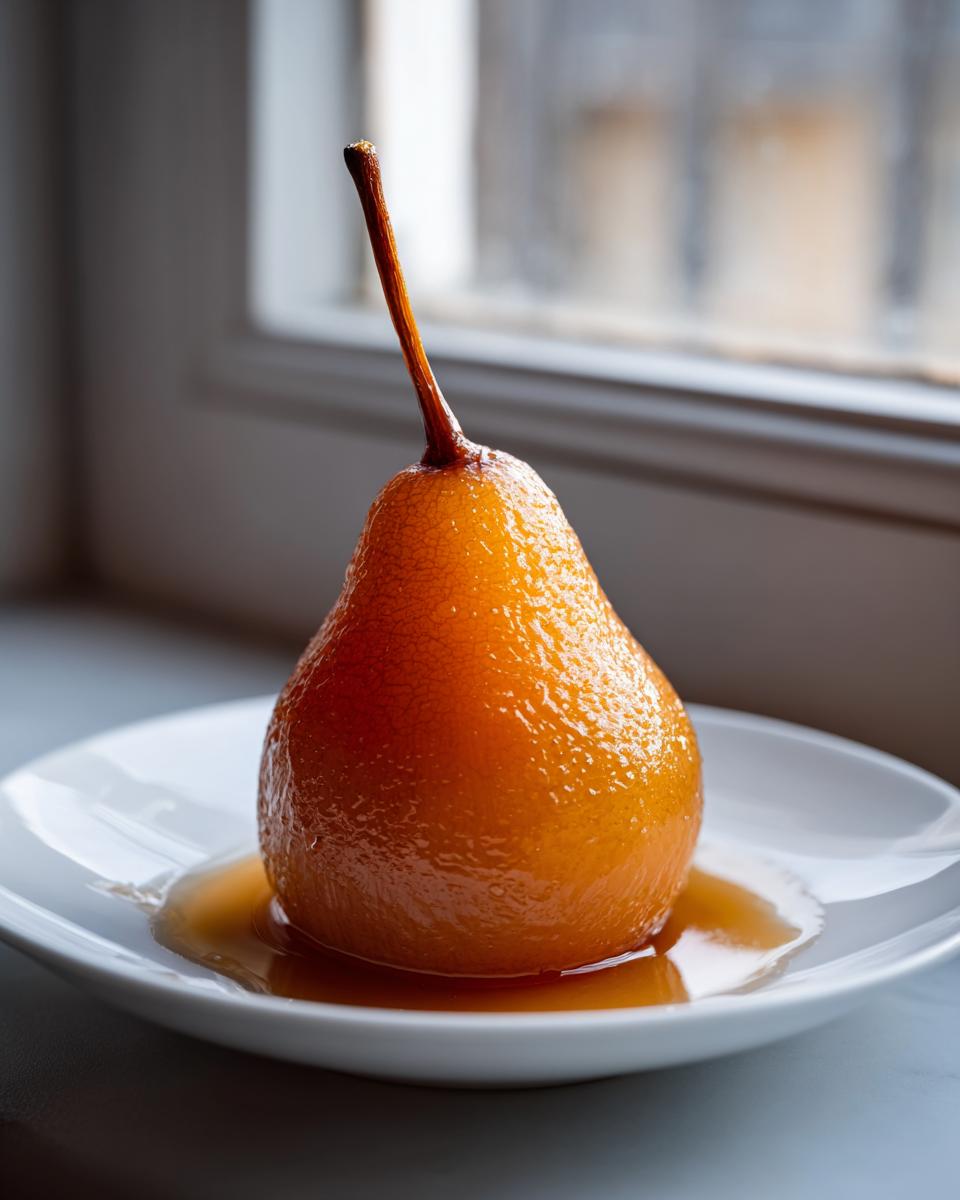 A single, beautifully caramelized poached pear sitting in its amber syrup on a small white dish.