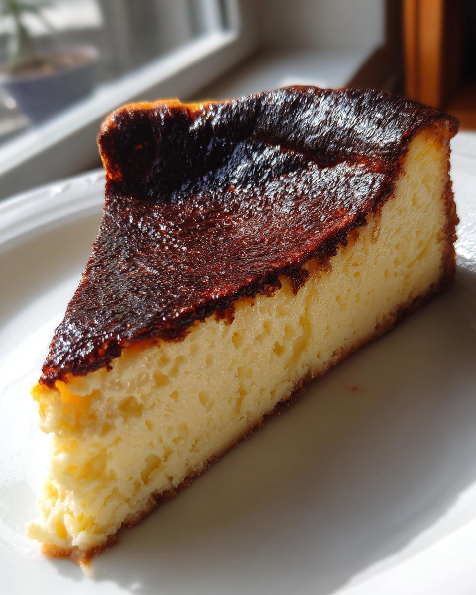 A close-up slice of creamy Basque cheesecake showing its signature dark, caramelized top.
