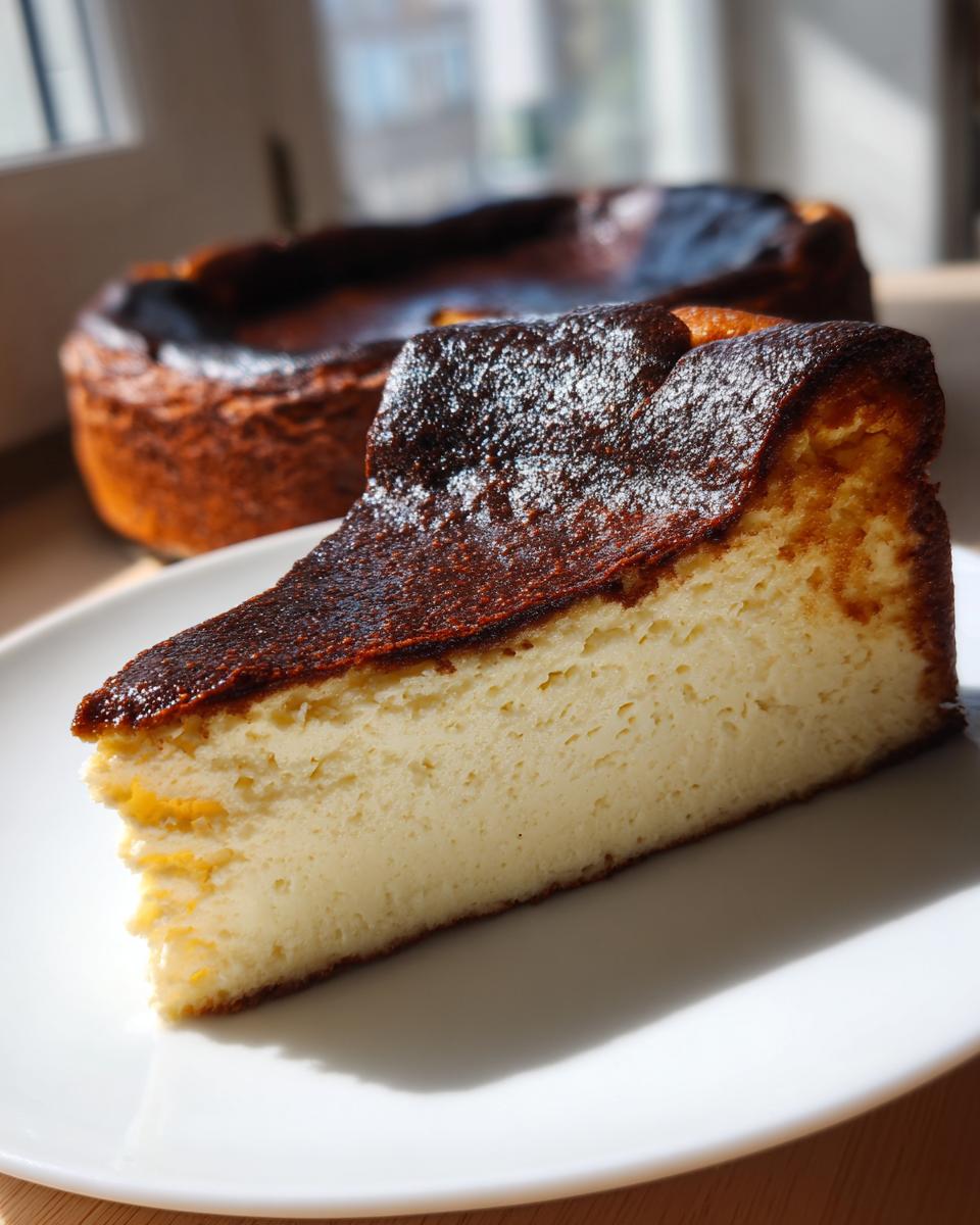 A perfect slice of creamy Basque cheesecake with a dark, caramelized top resting on a white plate, with the rest of the Basque cheesecake blurred in the background.
