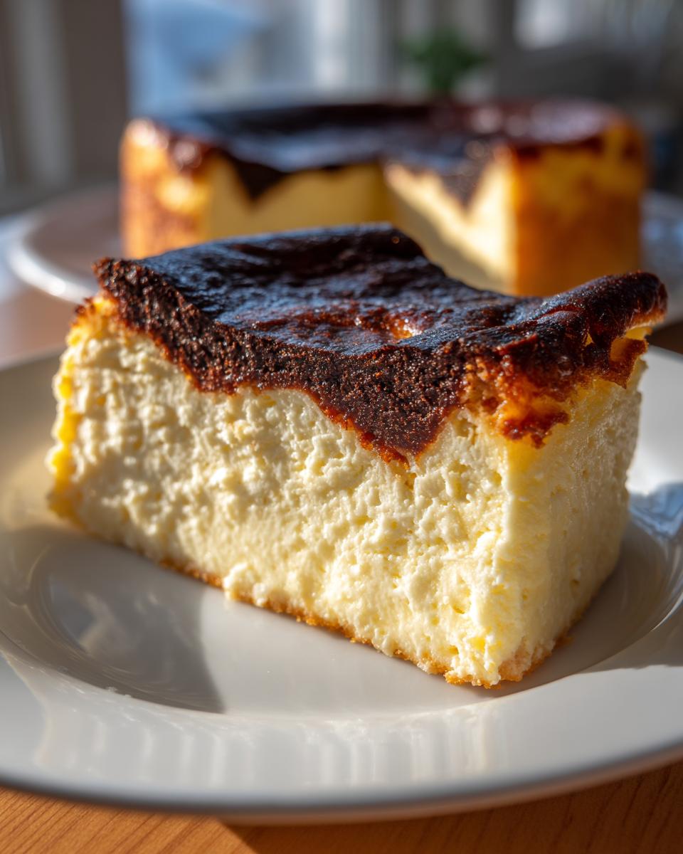 A thick slice of Basque cheesecake with a creamy interior and signature dark, caramelized top, sitting on a white plate.