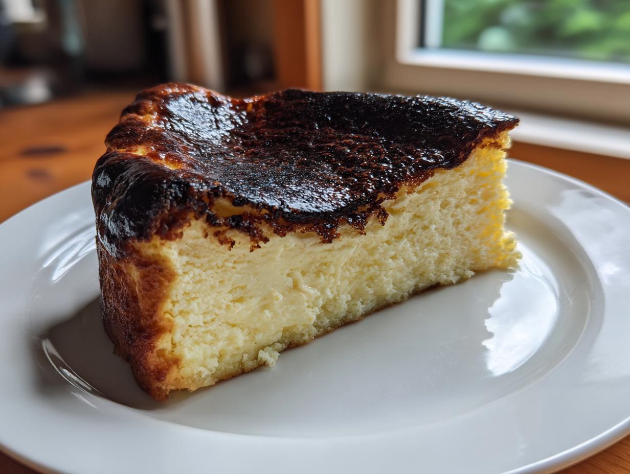 A generous slice of Basque cheesecake showing its creamy interior and signature dark, caramelized top, served on a white plate.
