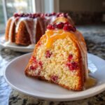 Close-up of a slice of cranberry orange cake showing the moist interior, topped with white glaze, caramel sauce, and fresh cranberries.