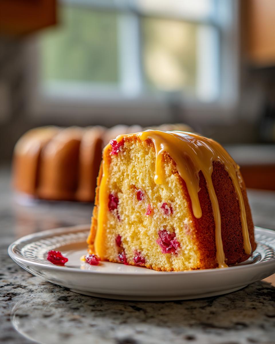 A close-up of a slice of cranberry orange cake topped with thick orange glaze, sitting on a white plate.