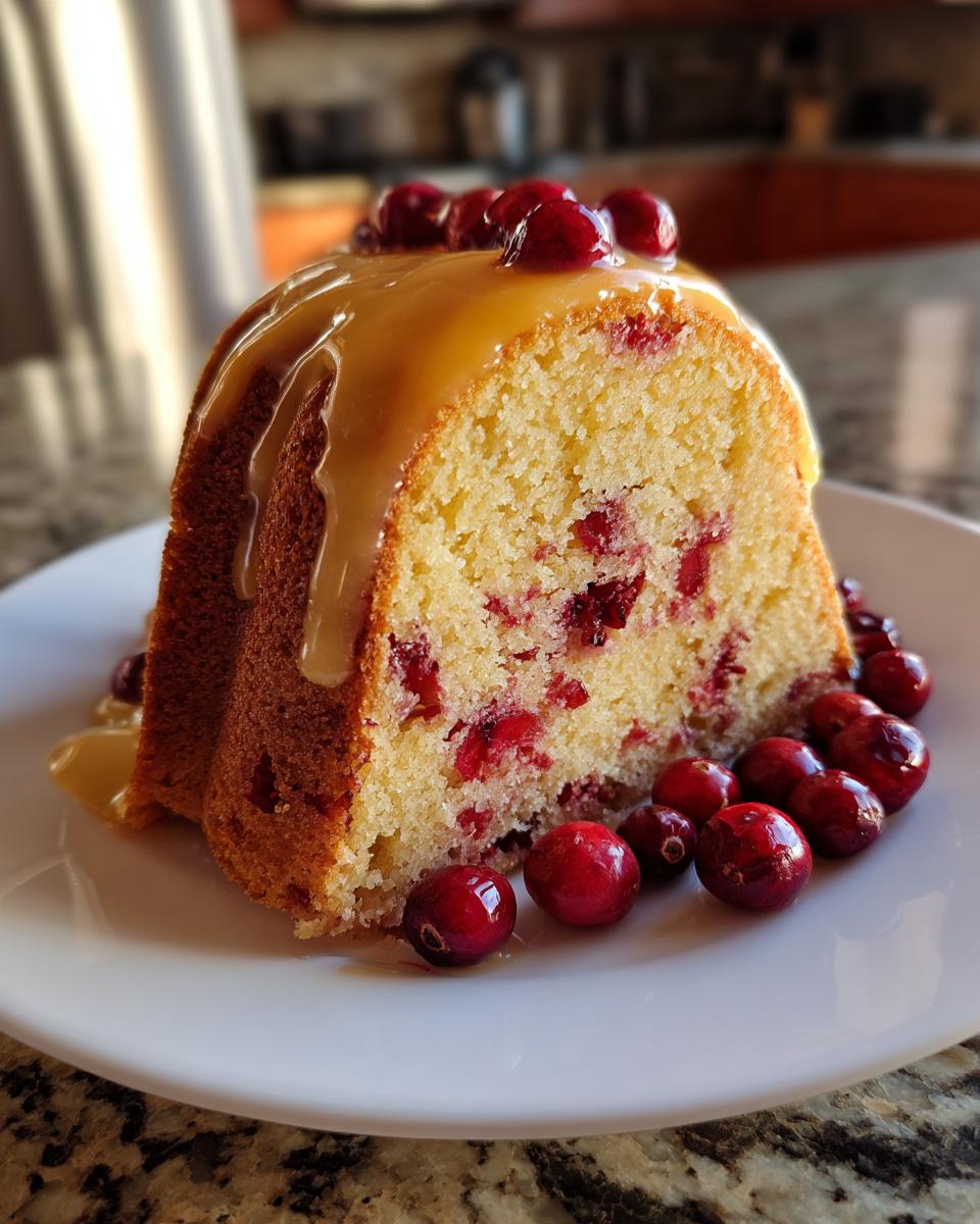 A slice of moist cranberry orange cake topped with a thick orange glaze and fresh cranberries.