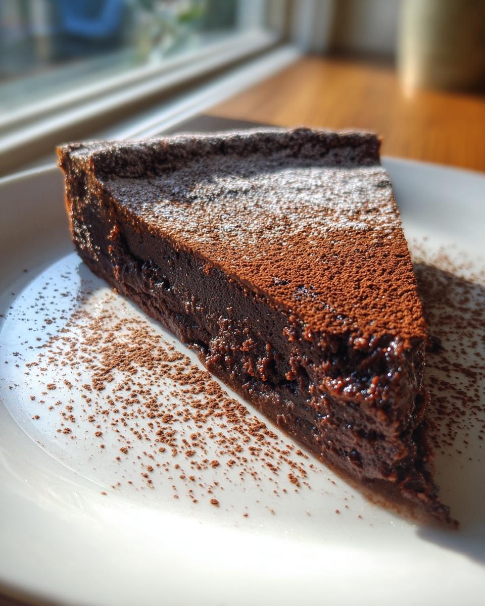 A decadent slice of flourless chocolate torte, dusted with powdered sugar and cocoa powder, sitting on a white plate.