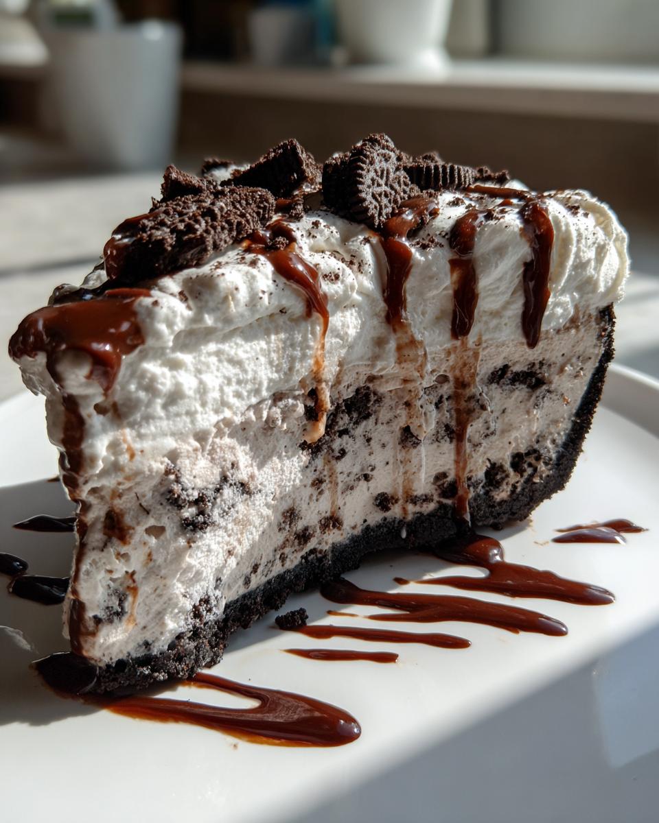 A generous slice of cookies and cream ice cream pie topped with whipped cream, chocolate sauce, and cookie crumbles.