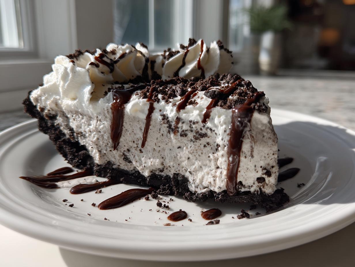 A decadent slice of ice cream pie featuring a dark cookie crust, creamy filling, whipped topping, and chocolate syrup drizzle.