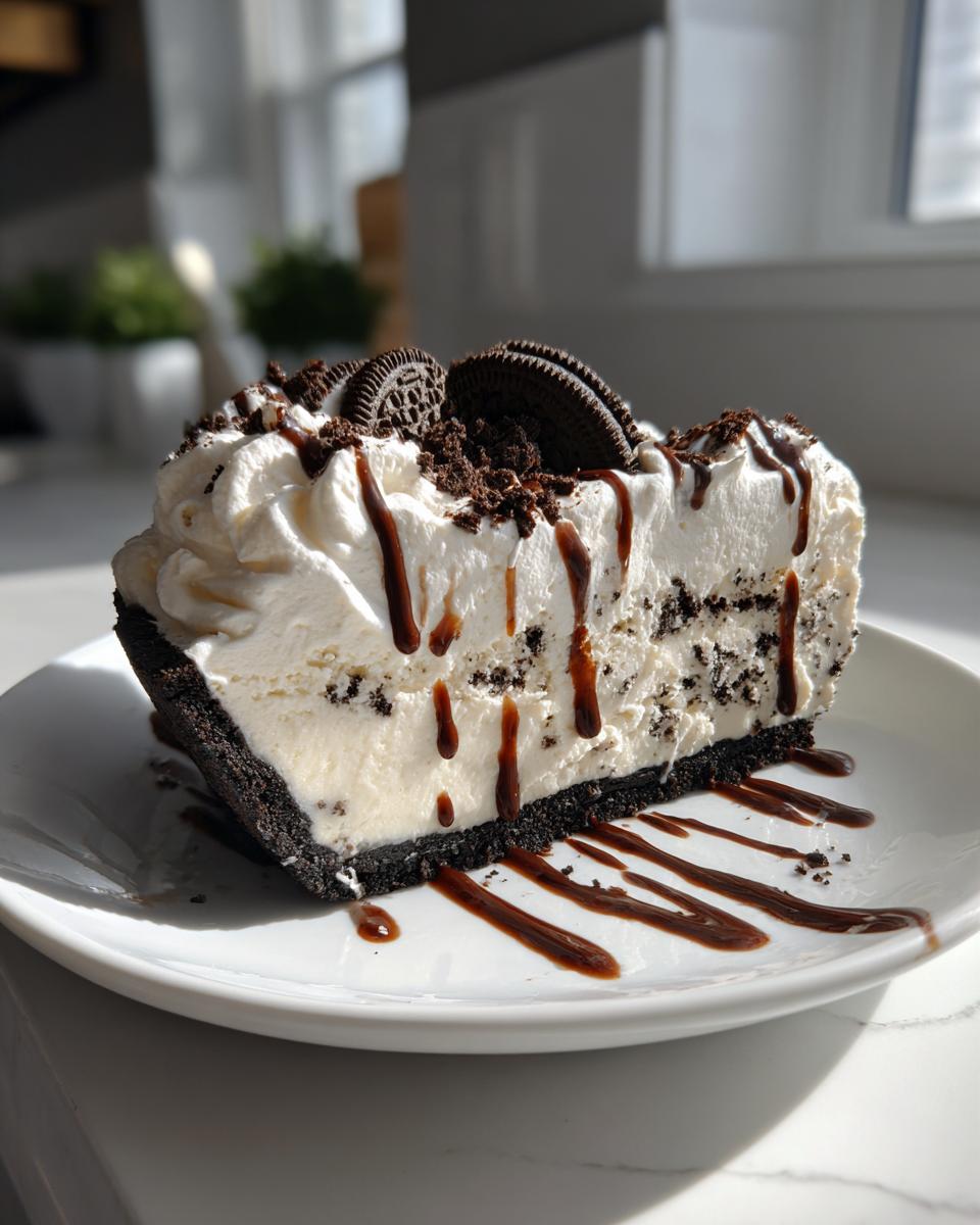 A decadent slice of ice cream pie featuring a dark crust, creamy filling with cookie pieces, topped with whipped cream, chocolate drizzle, and whole cookies.