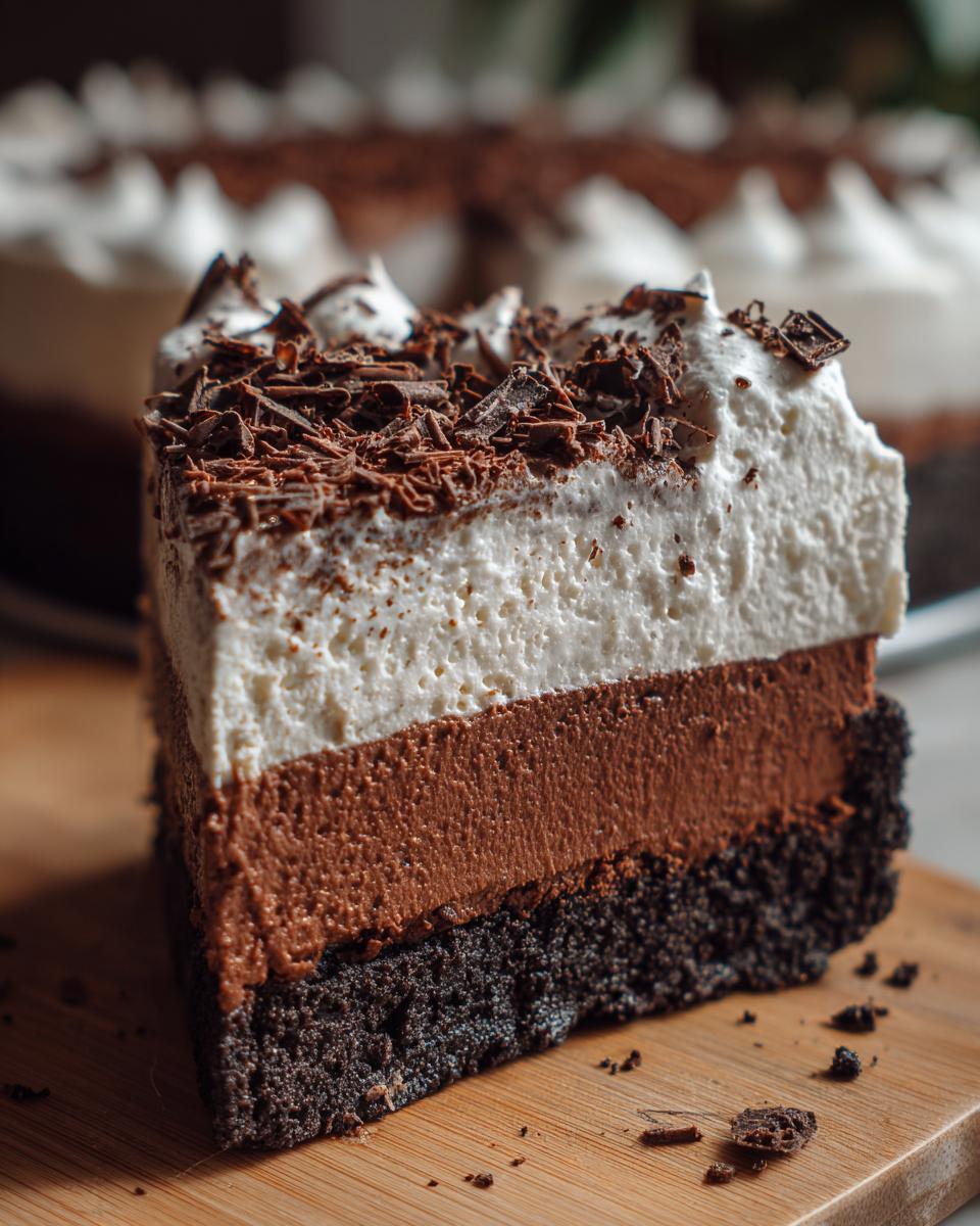 A decadent slice of 4-layer mud pie showing a dark crust, chocolate mousse, white topping, and chocolate shavings.
