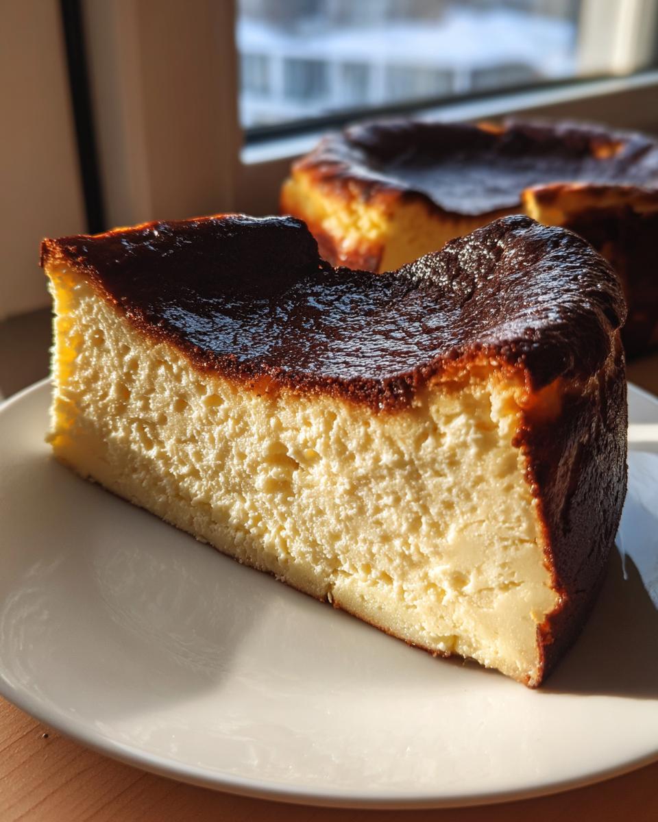 A close-up slice of creamy Basque cheesecake with a deeply caramelized top, sitting on a white plate.