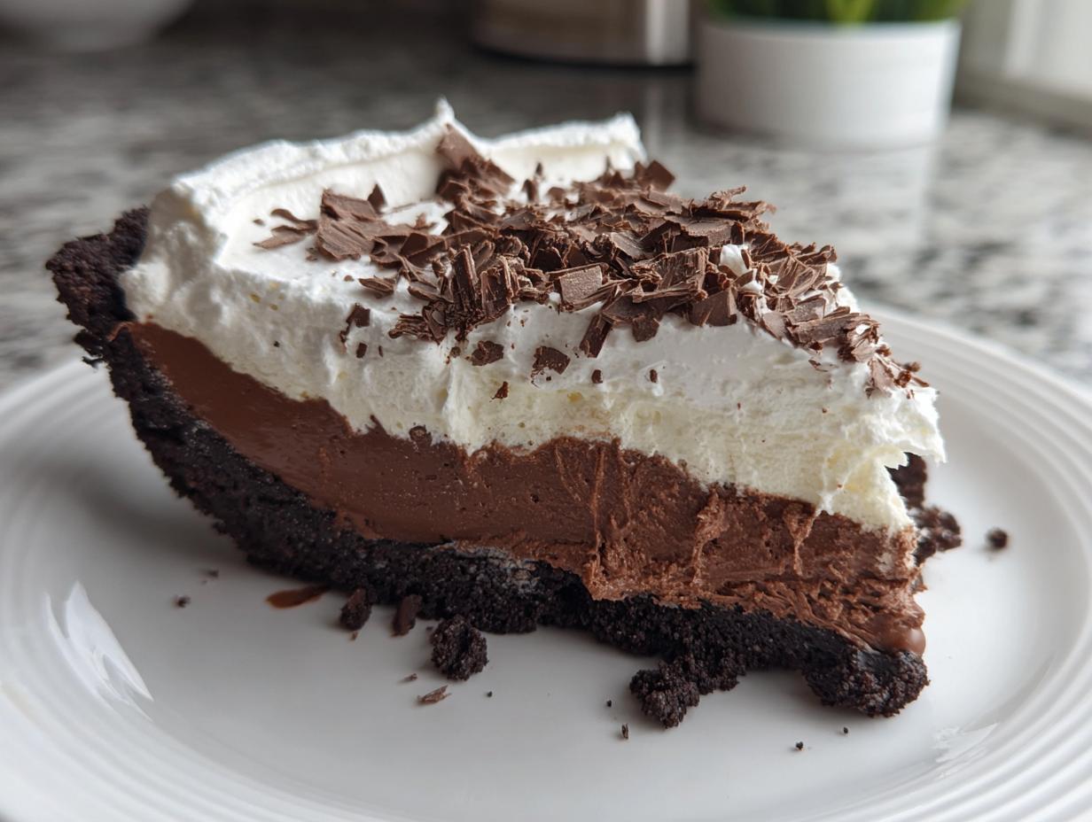 A generous slice of rich, layered mud pie featuring a dark crust, chocolate filling, whipped cream, and chocolate shavings.