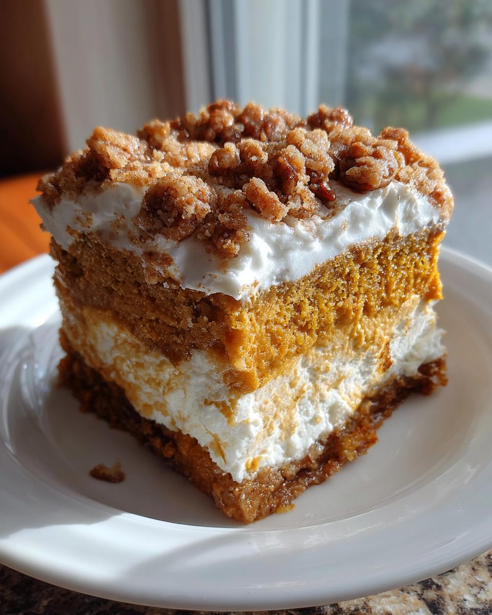 Close-up of a layered slice of pumpkin crunch dessert with creamy filling and streusel topping.