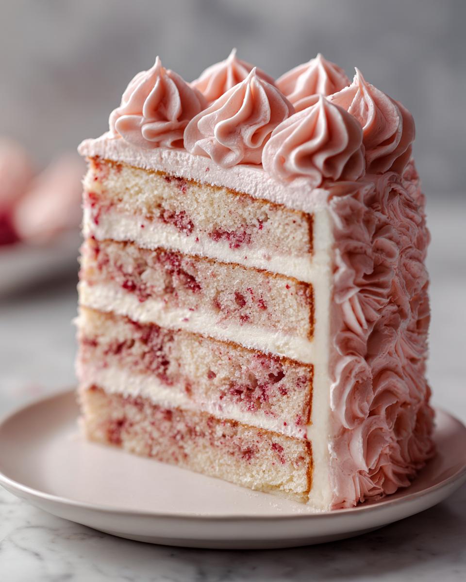 A tall slice of four-layer rose cake with pink frosting swirls on top and sides, served on a white plate.