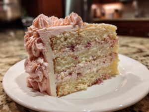 A detailed cross-section slice of a light, layered rose cake with pink raspberry filling and piped frosting.