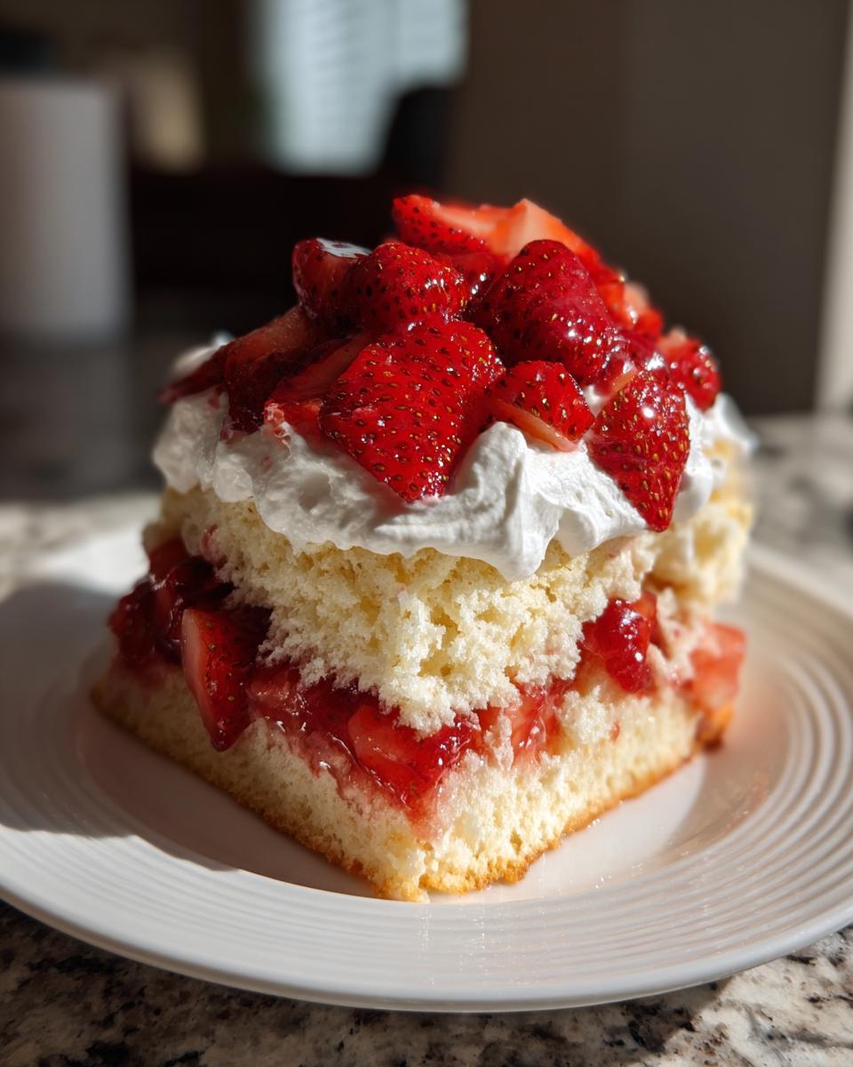 A square slice of homemade shortcake layered with macerated strawberries and whipped cream, highlighted by sunlight.