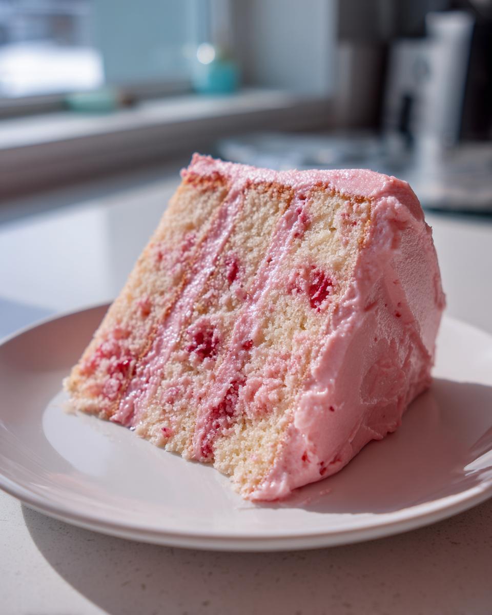 A generous slice of moist strawberry cake layered with pink frosting and visible strawberry pieces, sitting on a white plate.