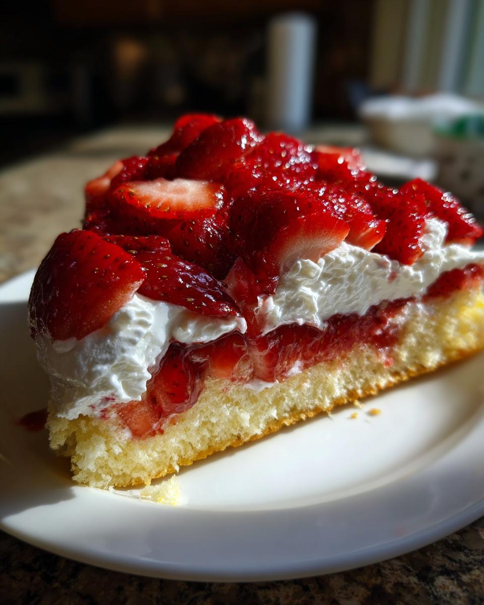 A close-up of a delicious slice of shortcake layered with whipped cream and macerated strawberries.