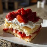 A close-up, sunlit slice of delicious strawberry shortcake layered with cake, macerated strawberries, and whipped cream.