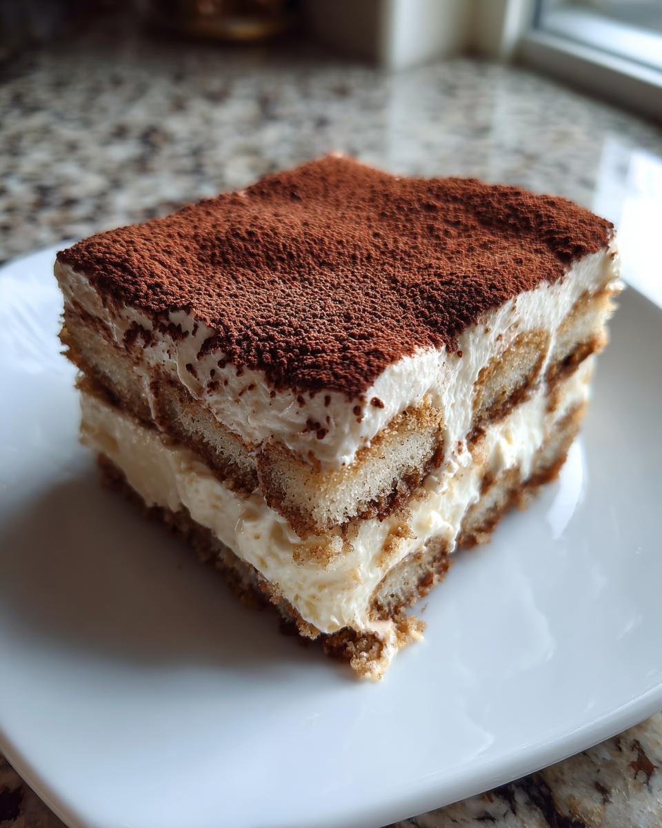 A perfect square slice of homemade tiramisu recipe, layered with cream and dusted heavily with cocoa powder.