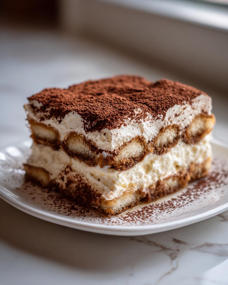 A generous slice of homemade tiramisu recipe showing layers of cream and coffee-soaked ladyfingers, topped with cocoa powder.