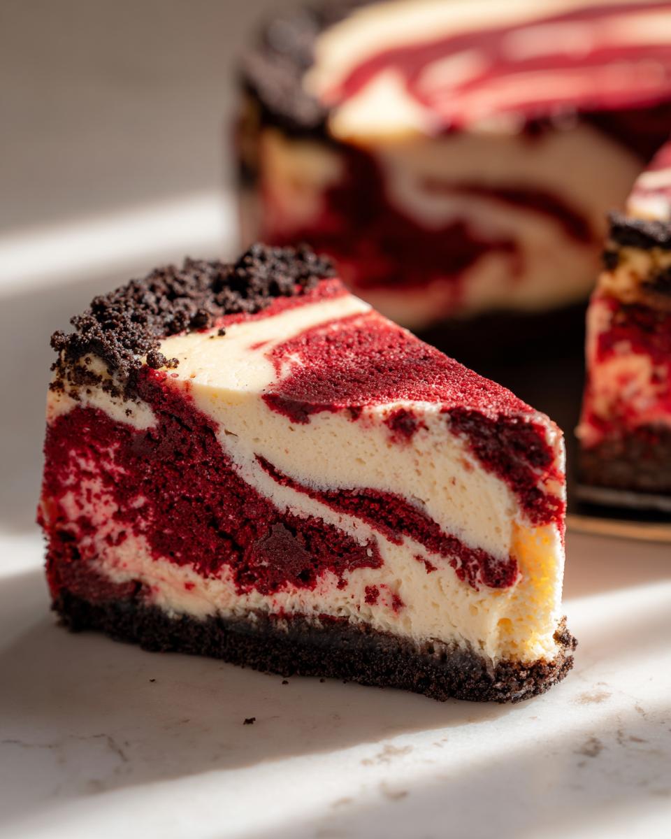 A close-up slice of red velvet cheesecake showing deep red and white swirls, resting on a dark cookie crust with a crumb topping.