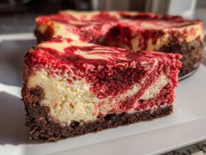 A close-up slice of rich red velvet cheesecake showing red and white swirls over a dark chocolate crust.